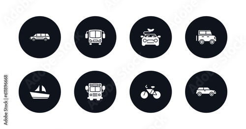 symbol for mobile filled icons set. filled icons such as limousine, bus, hybrid car, jalopy, sailboat, school bus, bicycle, car vector.
