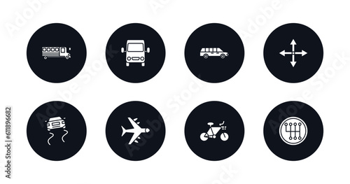 symbol for mobile filled icons set. filled icons such as school bus empty, van front view, long car, movement, slippy road, airplane flying, bikes, gearshift vector.