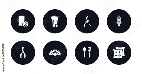 symbol for mobile filled icons set. filled icons such as book with cd rom, recycling can, maths compass tool, semaphore lights, wire cutter, chinese fan, tools and utensils, cushion vector.