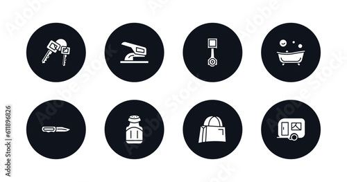symbol for mobile filled icons set. filled icons such as key ring with two keys, hole puncher, piston on, bath tub, penknife, pepper container, bag with big handle, house on wheels vector.