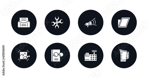 symbol for mobile filled icons set. filled icons such as tray for papers, reparation, megaphone side view, shear, edit picture, reading glasses, printing calculator, pitcher with levels vector.