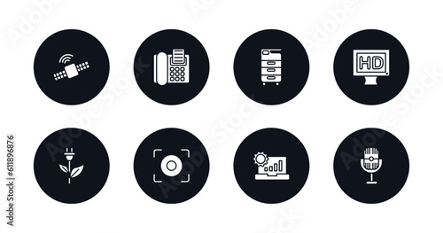 symbol for mobile filled icons set. filled icons such as satellite connection, fax phone, office printer, hd monitor, ecologic electricity, center focus, analysis process, retro microphone vector.