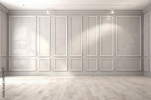 Elegant Interiors  Light Gray Wall with Decorative Panels and Wood Flooring