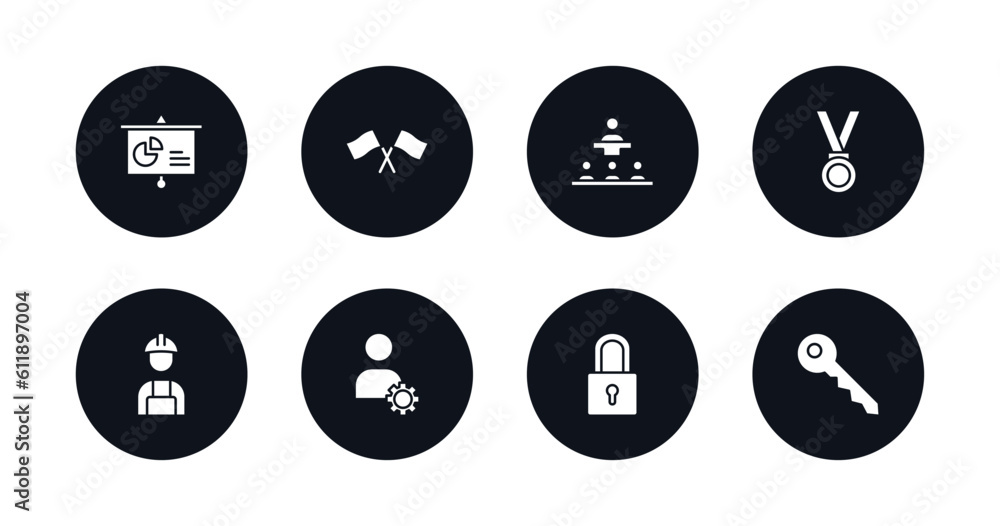 symbol for mobile filled icons set. filled icons such as presentation, racing, conference, medal, worker, admin, padlock, key vector.