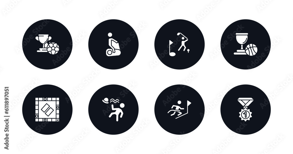 symbol for mobile filled icons set. filled icons such as football cup, exercise gym, golf player, basketball champion, board gaming, man losing hat, winning the race, champion vector.