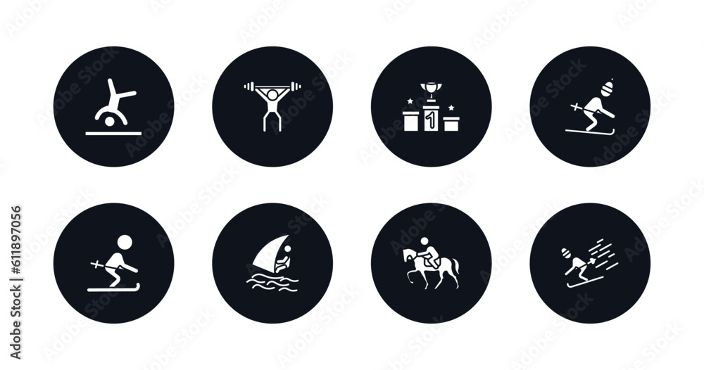 symbol for mobile filled icons set. filled icons such as cartwheel, man lifting weight, podium with cup, skiing down hill, skier skiing, windsurf sea, horseback, skiing vector. symbol for mobile filled icons set. filled icons such as cartwheel, man lifting weight, podium with cup, skiing down hill, skier skiing, windsurf sea, horseback, skiing vector.
