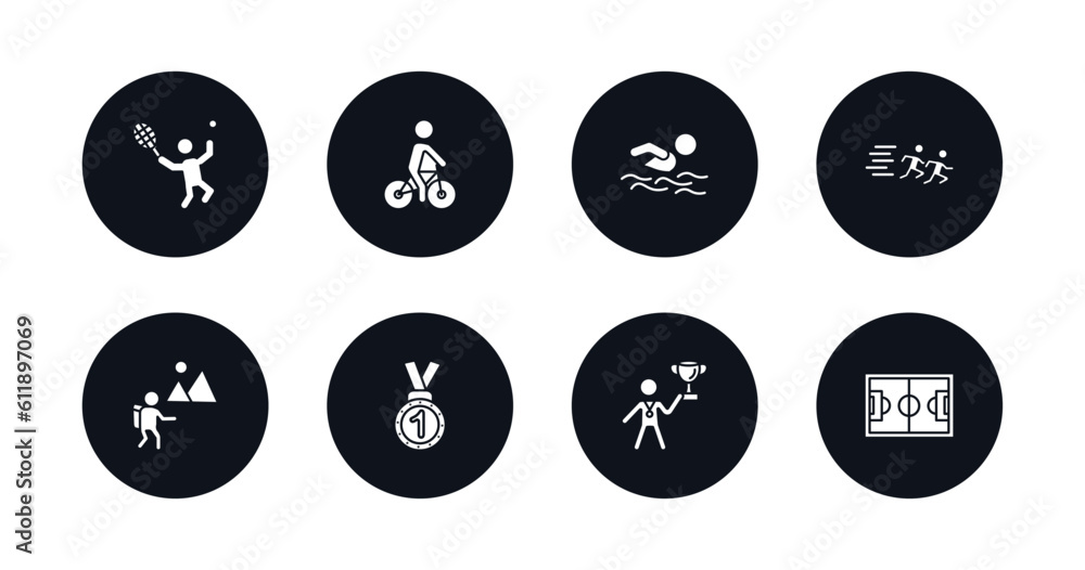 symbol for mobile filled icons set. filled icons such as man playing tennis, man riding bike, swimming man, running a race, adventure, medal with number 1, award, football pitch vector. symbol for mobile filled icons set. filled icons such as man playing tennis, man riding bike, swimming man, running a race, adventure, medal with number 1, award, football pitch vector.