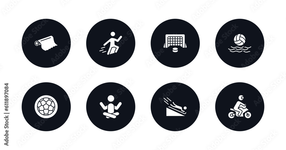 symbol for mobile filled icons set. filled icons such as foil, jumping ski, hockey goal, waterpolo, football ball circular, yoga posture, scuba diving, motorbike riding vector. symbol for mobile filled icons set. filled icons such as foil, jumping ski, hockey goal, waterpolo, football ball circular, yoga posture, scuba diving, motorbike riding vector.