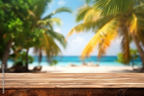 Tropical Paradise  Empty Wooden Table on Blurred Beach Background