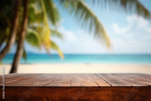 Tropical Paradise  Empty Wooden Table on Blurred Beach Background