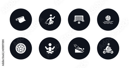 symbol for mobile filled icons set. filled icons such as foil, jumping ski, hockey goal, waterpolo, football ball circular, yoga posture, scuba diving, motorbike riding vector.