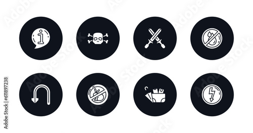 symbol for mobile filled icons set. filled icons such as info, death, weapons, no water, u turn, no animals, lost items, high voltage vector.