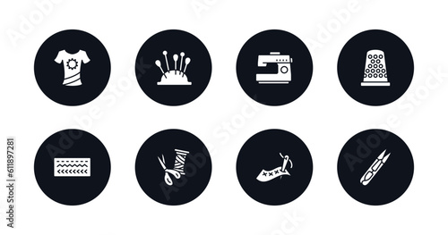 symbol for mobile filled icons set. filled icons such as garment, pin holder, sewing hine, sewing thimble, stitches, sewing equipment, needlework, thread nippers vector.