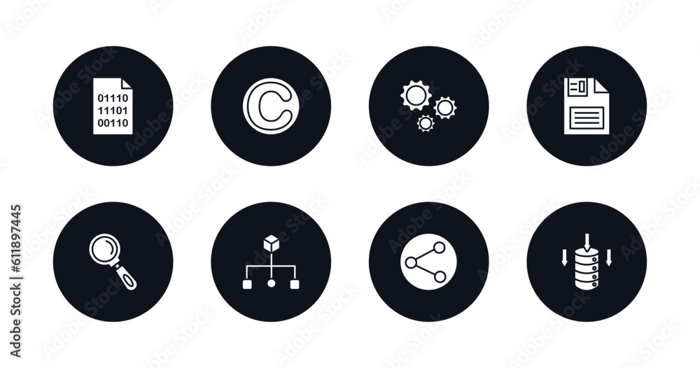 symbol for mobile filled icons set. filled icons such as binary code, copyright, cogwheel, floppy disk, search, aorithm, sharing, data storage vector. symbol for mobile filled icons set. filled icons such as binary code, copyright, cogwheel, floppy disk, search, aorithm, sharing, data storage vector.