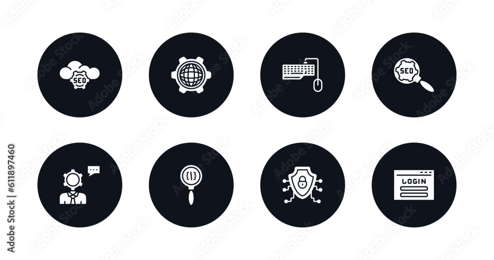 symbol for mobile filled icons set. filled icons such as seo cloud, cyberspace, keyboard and mouse, seo, seo consulting, code review, secured network, login vector. symbol for mobile filled icons set. filled icons such as seo cloud, cyberspace, keyboard and mouse, seo, seo consulting, code review, secured network, login vector.