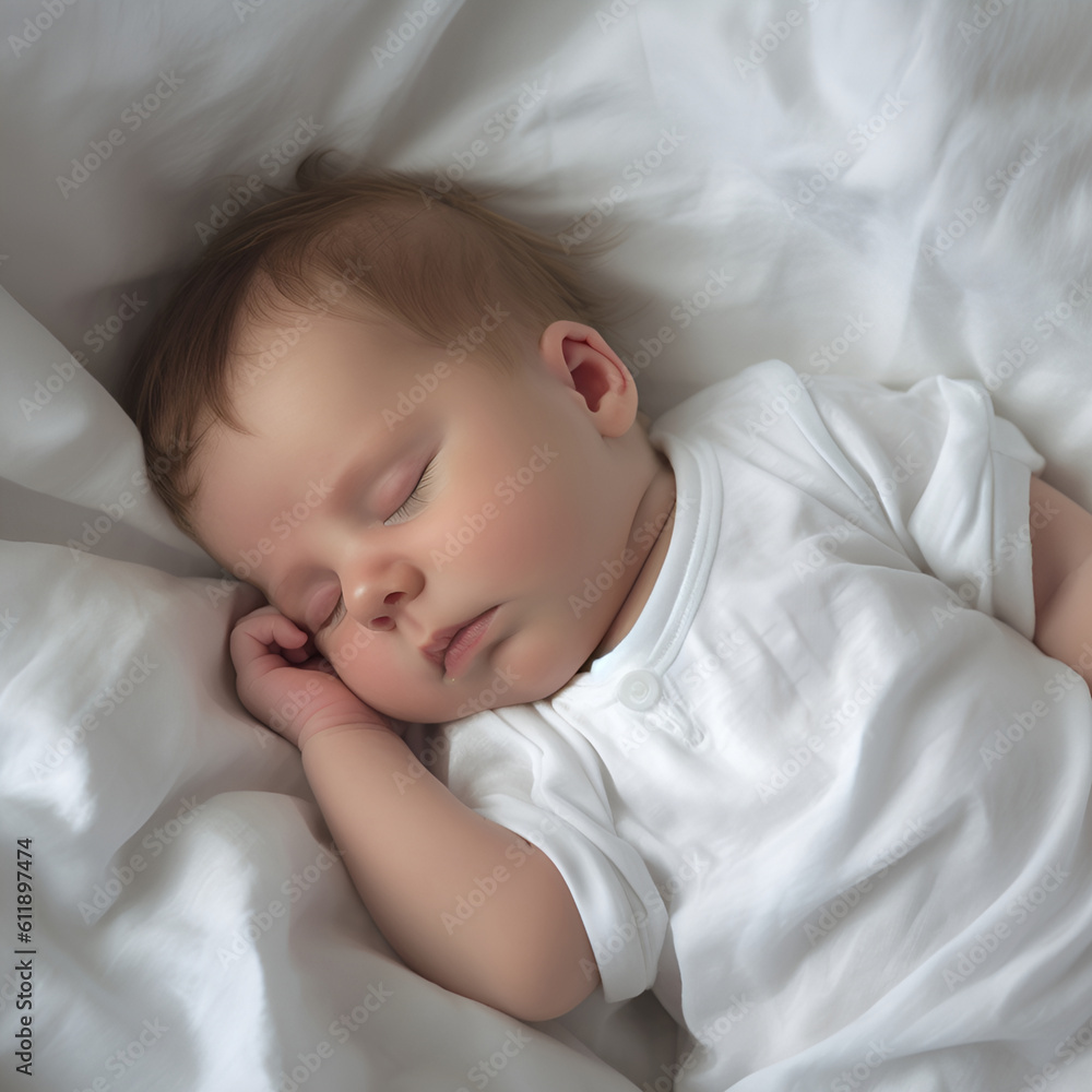Peaceful baby lying on a bed while sleeping in a bright room. Peaceful baby lying on a bed while sleeping in a bright room.