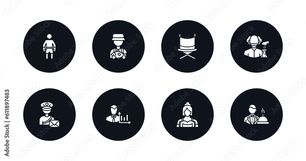 symbol for mobile filled icons set. filled icons such as boxer, fisherman, director, scientist, postman, statistician, maid, waiter vector. symbol for mobile filled icons set. filled icons such as boxer, fisherman, director, scientist, postman, statistician, maid, waiter vector.