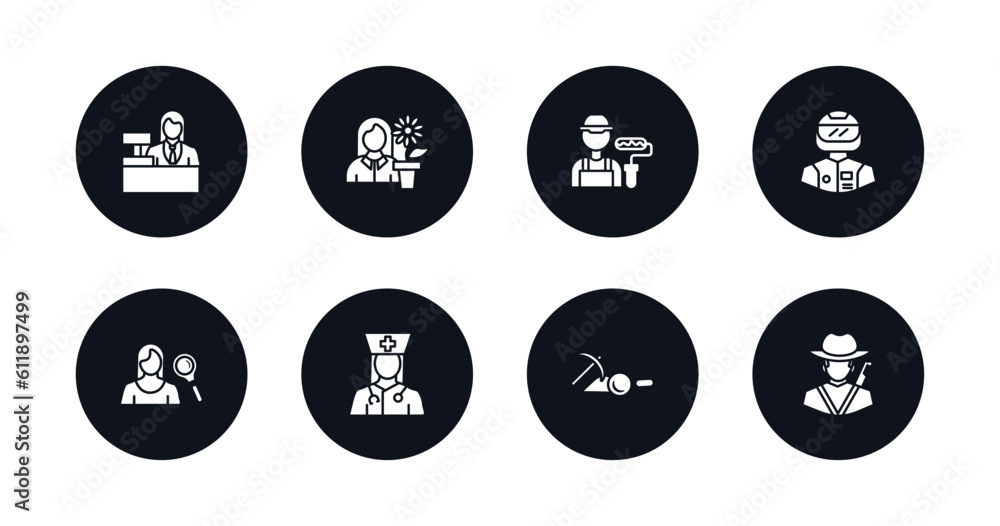 symbol for mobile filled icons set. filled icons such as clerk, florist, dyer, racer, hr specialist, physician assistant, archeologist, hunter vector. symbol for mobile filled icons set. filled icons such as clerk, florist, dyer, racer, hr specialist, physician assistant, archeologist, hunter vector.