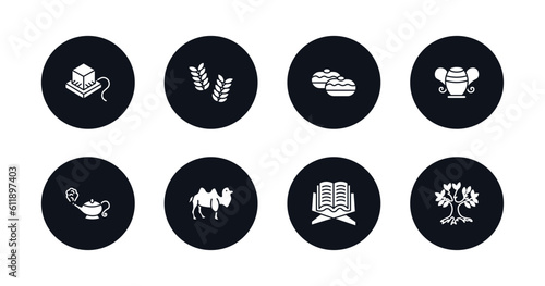 symbol for mobile filled icons set. filled icons such as tefilin, israel barley, sufganiyah, manna jar, genie lamp, dromedary, holy quran, tree of life vector.