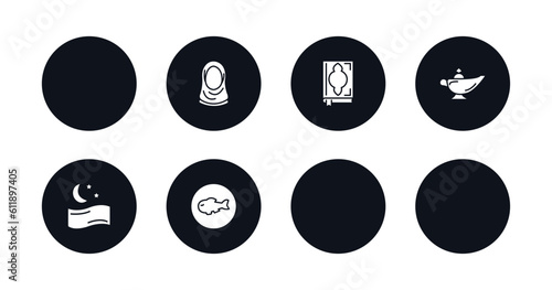 symbol for mobile filled icons set. filled icons such as sadaqah charity, hijab, mushaf, arabian magic lamp, fajr dawn prayer, islamic pray, isha, inclined fish vector.