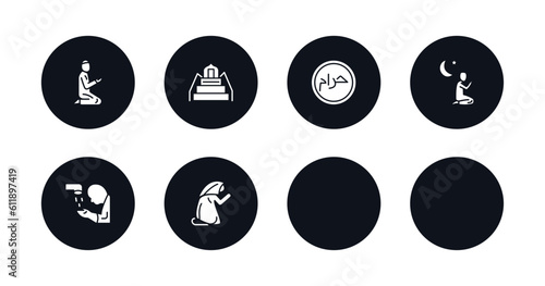 symbol for mobile filled icons set. filled icons such as muslim man praying, minbar, vigil, assr, haram, maghrib prayer, islamic ghusl, muslim woman praying vector.
