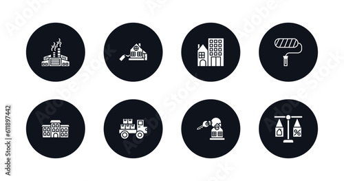 symbol for mobile filled icons set. filled icons such as industrial park, real estate, real state, paint roll, duplex, moving truck, house key, juridical vector.