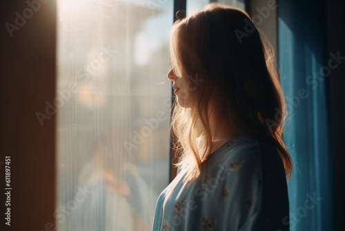 Unrecognizable young woman stands by the window on sunny day