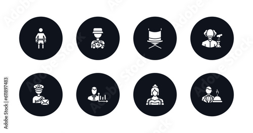 symbol for mobile filled icons set. filled icons such as boxer, fisherman, director, scientist, postman, statistician, maid, waiter vector.