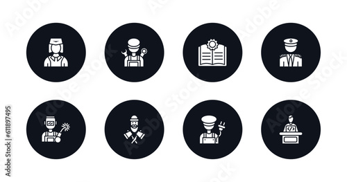 symbol for mobile filled icons set. filled icons such as stewardess, mechanic, guide, captain, welder, lumberjack, electrician, software developer vector.