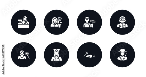 symbol for mobile filled icons set. filled icons such as clerk, florist, dyer, racer, hr specialist, physician assistant, archeologist, hunter vector.