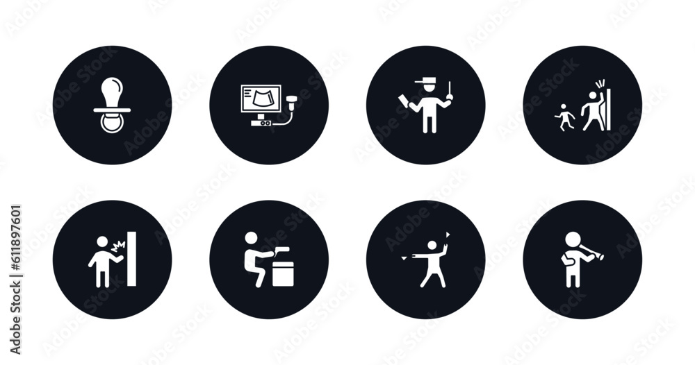 symbol for mobile filled icons set. filled icons such as baby pacifier, ultrasonography, ticket collector, hide and seek, knocking, criminal heist, flag semaphore language, man playing a flute symbol for mobile filled icons set. filled icons such as baby pacifier, ultrasonography, ticket collector, hide and seek, knocking, criminal heist, flag semaphore language, man playing a flute