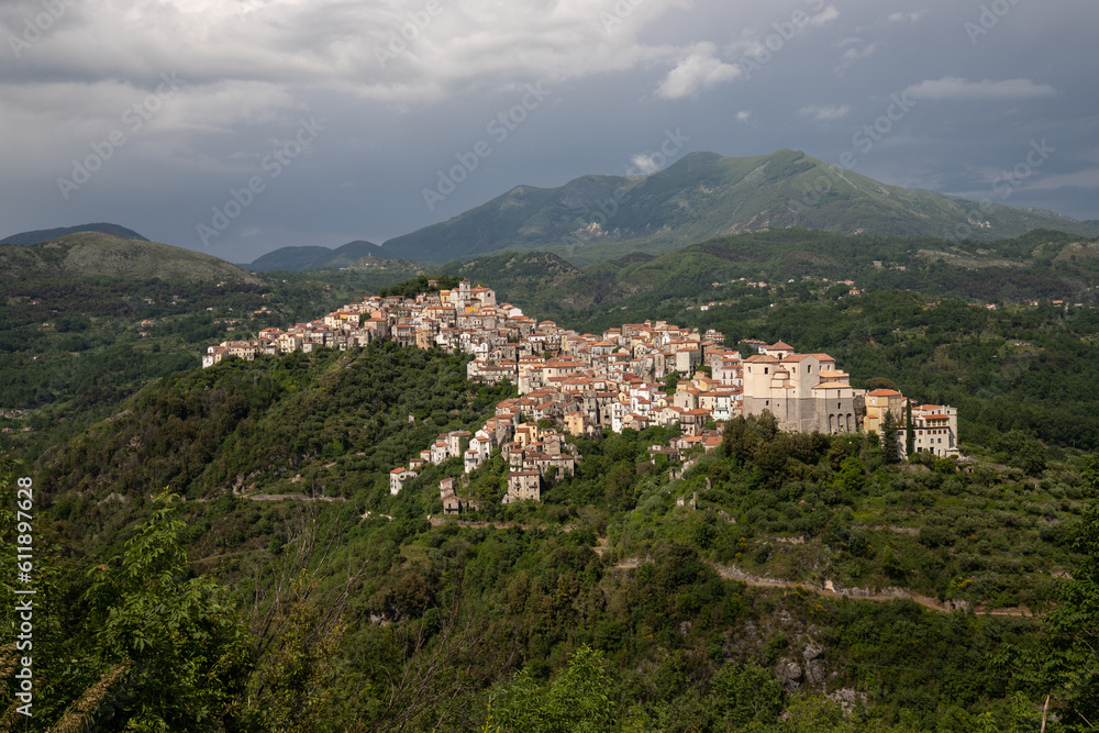 Beautiful view of the White City, Mediterranean mountain village in the middle of nature, Rivello, Campania, Salerno, Italy