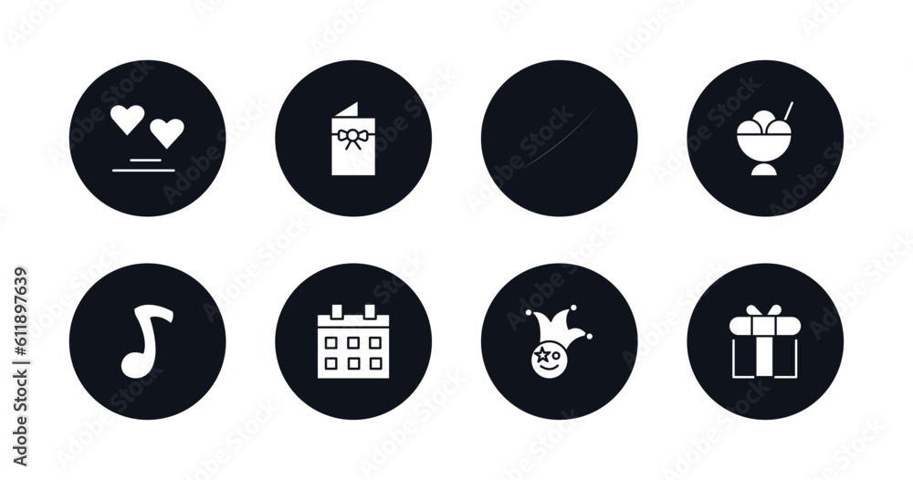 symbol for mobile filled icons set. filled icons such as big heart, birthday card, claping hands, big ice cream bowl, big quaver, calendar with date, clown head with hat, giftbox with ribbon vector.
