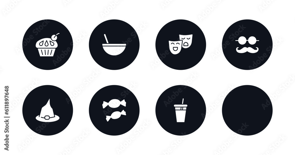 symbol for mobile filled icons set. filled icons such as cupcake with big cherry, boy partying, bowl with straw, theatre masks, mustache with glasses, wizard hat, two candies, juice bottle straw symbol for mobile filled icons set. filled icons such as cupcake with big cherry, boy partying, bowl with straw, theatre masks, mustache with glasses, wizard hat, two candies, juice bottle straw
