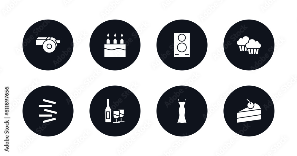 symbol for mobile filled icons set. filled icons such as wistle, cake with three candles, big speaker, two muffins, jenga, bottle and two glasses, party dress, slice of cake vector. symbol for mobile filled icons set. filled icons such as wistle, cake with three candles, big speaker, two muffins, jenga, bottle and two glasses, party dress, slice of cake vector.