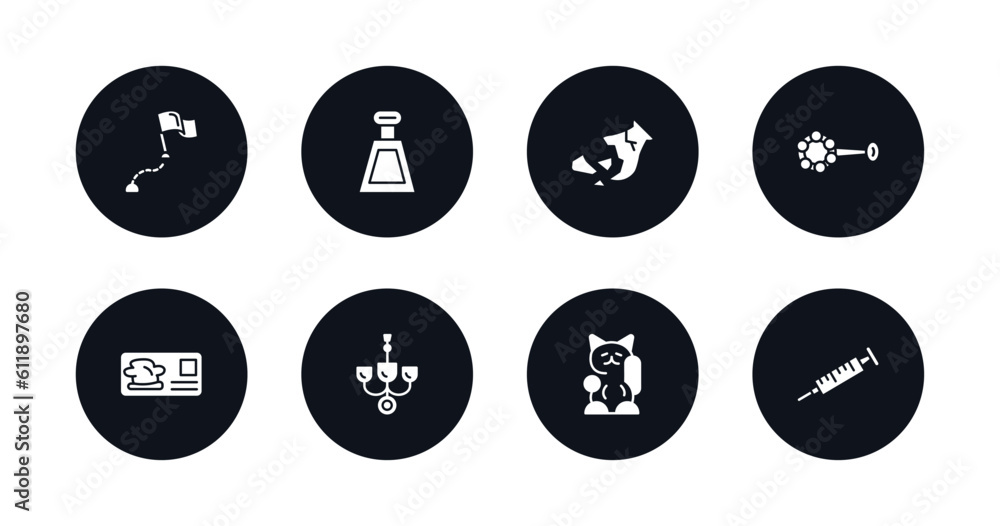 symbol for mobile filled icons set. filled icons such as milestone, kilograms, broken vase, baby's rattle, cook business card, chandeliers, lucky cat toy, syrnge vector.