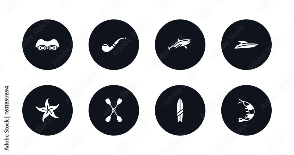 symbol for mobile filled icons set. filled icons such as swin goggle, pipe, shark, speed boat facing right, starfish, double paddle, suroard, prawn facing left vector. symbol for mobile filled icons set. filled icons such as swin goggle, pipe, shark, speed boat facing right, starfish, double paddle, suroard, prawn facing left vector.