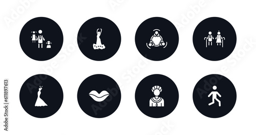 symbol for mobile filled icons set. filled icons such as man girl and dog, spanish woman, round table, old couple, elegant, seductive, amazonian, bast vector.