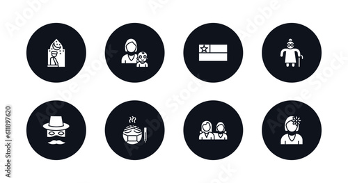 symbol for mobile filled icons set. filled icons such as julus, babysitter and child, chilean, elder, zorro, sickness, friends, woman with flower vector.