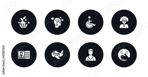 symbol for mobile filled icons set. filled icons such as ecosystem, psychology, handicapped, old woman, identification ard, aviation, male user, kidnapping vector.