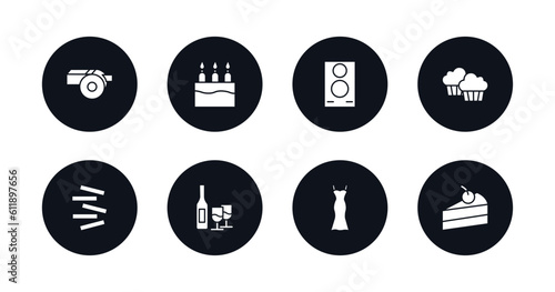 symbol for mobile filled icons set. filled icons such as wistle, cake with three candles, big speaker, two muffins, jenga, bottle and two glasses, party dress, slice of cake vector.