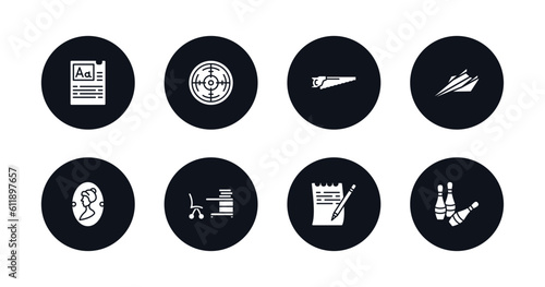 symbol for mobile filled icons set. filled icons such as paragraph aa, shooting gallery, wood cutter, paper airplane, women's bathroom, studying zone, paper list and a pencil, skittles vector.