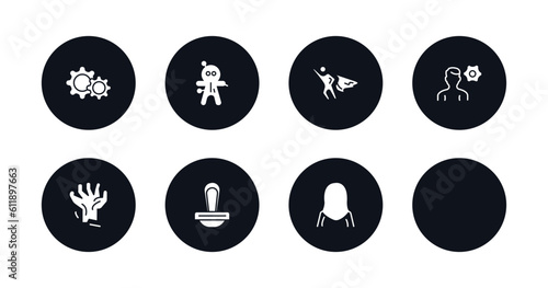 symbol for mobile filled icons set. filled icons such as tings, voodoo puppet, super hero, seventeen, it specialist, tombstone zombie hand, wooden stamper, arabian woman vector.