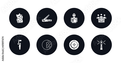 symbol for mobile filled icons set. filled icons such as japanese cat, nail trimmer, plumbering, limited liability, pipe wrench, the 30 minutes, roulette table, smeaton's tower vector.