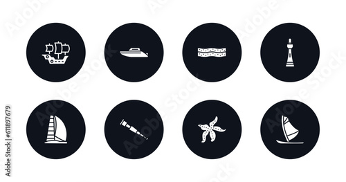 symbol for mobile filled icons set. filled icons such as caravel, motorboat, salt water, smeaton's tower, scow, spyglass, starfish with dots, windsurf board vector.
