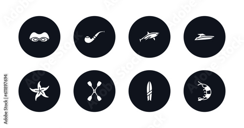 symbol for mobile filled icons set. filled icons such as swin goggle, pipe, shark, speed boat facing right, starfish, double paddle, suroard, prawn facing left vector.