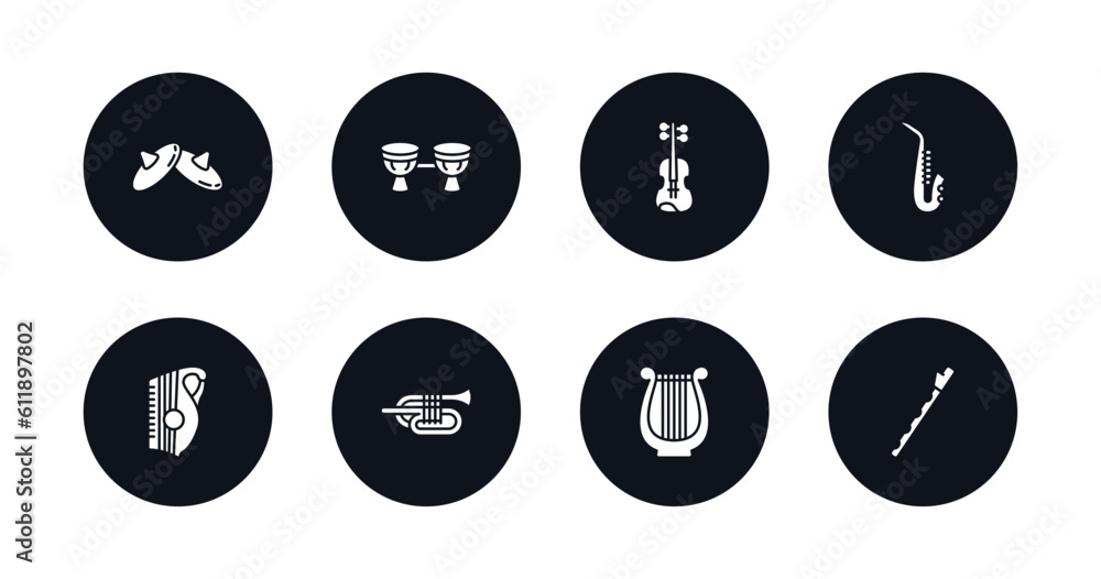 symbol for mobile filled icons set. filled icons such as cymbals, bongo, viola, blues, zither, cornet, harp, pennywhistle vector.