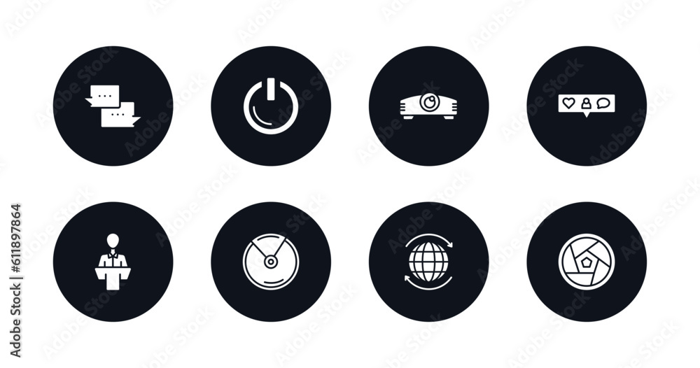 symbol for mobile filled icons set. filled icons such as chat speech bubbles, start button, projector len, interface, science conference, compact disc with glare, world wide, diaphragm vector. symbol for mobile filled icons set. filled icons such as chat speech bubbles, start button, projector len, interface, science conference, compact disc with glare, world wide, diaphragm vector.