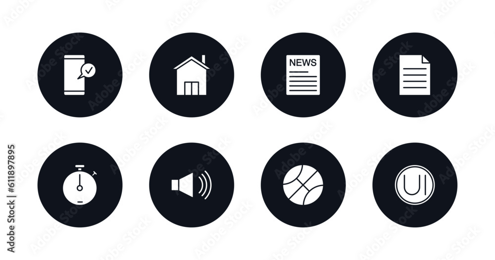 symbol for mobile filled icons set. filled icons such as accepted, homepage, news, description, stop watch, audio, sport, ui vector.