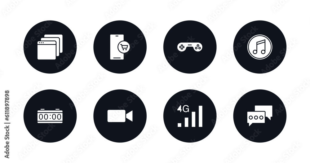 symbol for mobile filled icons set. filled icons such as applications, mobile shopping, videogame, music and multimedia, digital clock, videocall, 4g, texting vector. symbol for mobile filled icons set. filled icons such as applications, mobile shopping, videogame, music and multimedia, digital clock, videocall, 4g, texting vector.